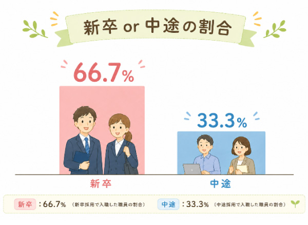 新卒・中途の割合　新卒 66.77% 中途33.3%