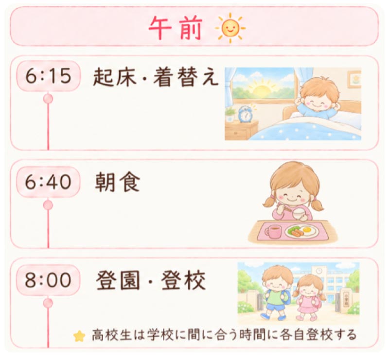午前の流れ
6:15 起床・着替え、6:40朝食、8:00桃園・登校※高校生は学校に間に合う時間に各自登校する